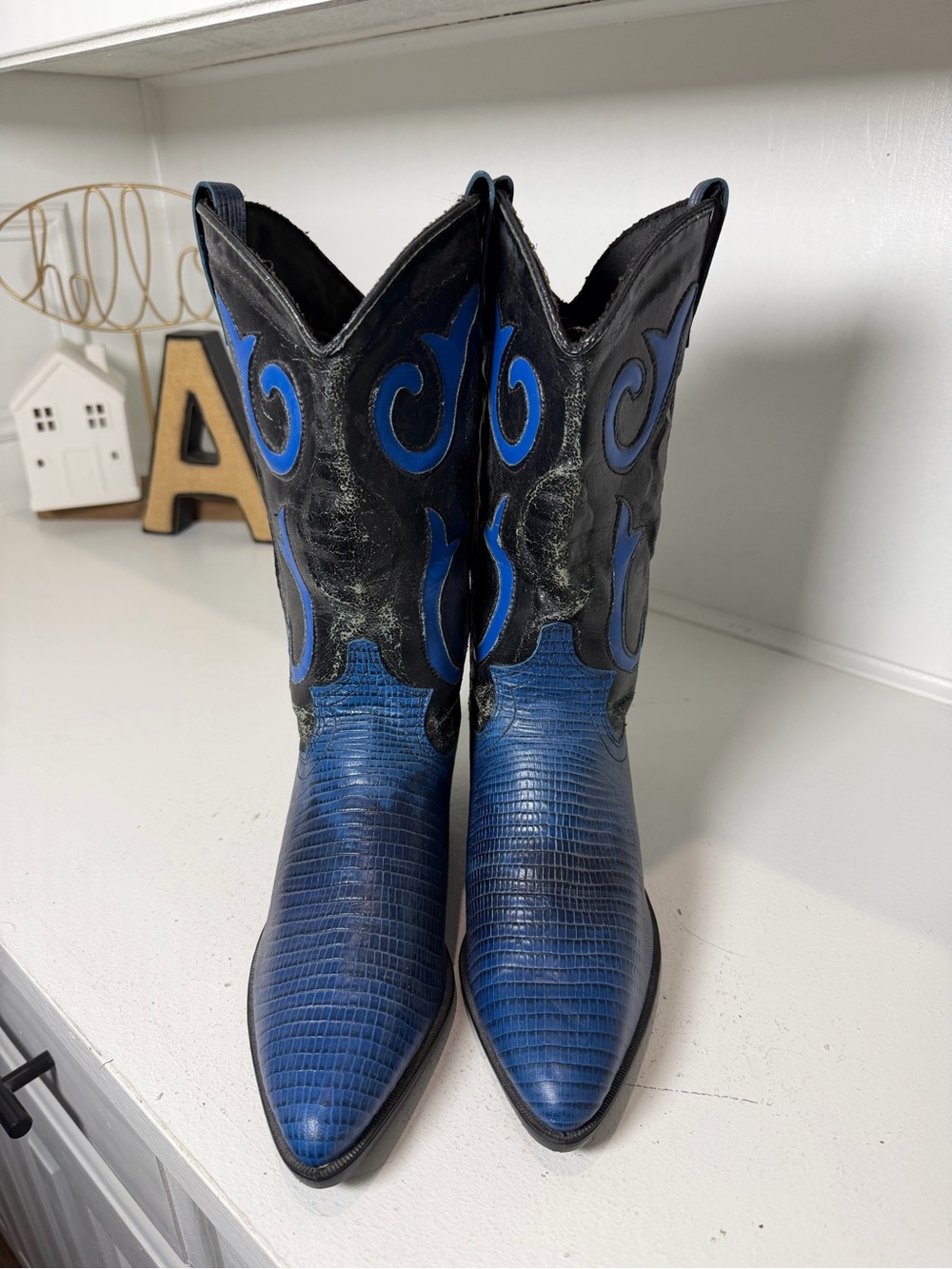 Laredo Cowboy Boots Women's 6 Blue Lizard Print Black Leather Western Colorful - Picture 2 of 9